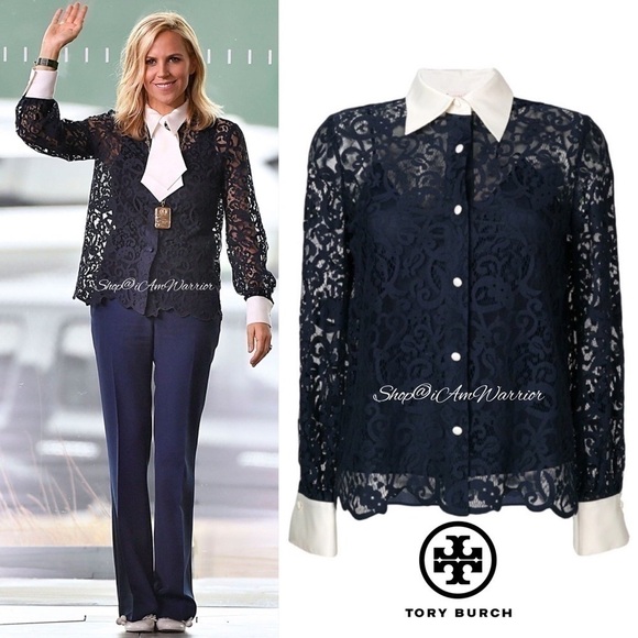 Tory Burch NWT navy lace blouse w/ ivory cuffs & collar with removable neck tie - Picture 3 of 16